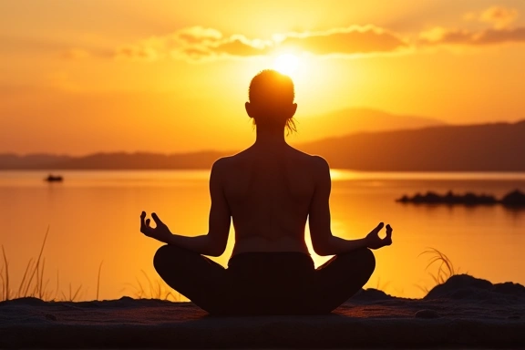 Persona in meditazione al tramonto