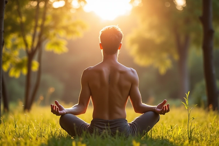 Uomo che pratica yoga all'aperto, simbolo di equilibrio e vitalità