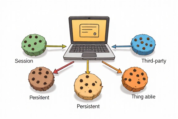 Illustrazione di diversi tipi di cookie che si interconnettono con un sito web