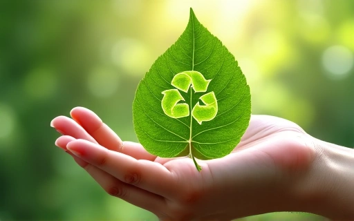 Mano che tiene una foglia verde con simbolo di riciclo