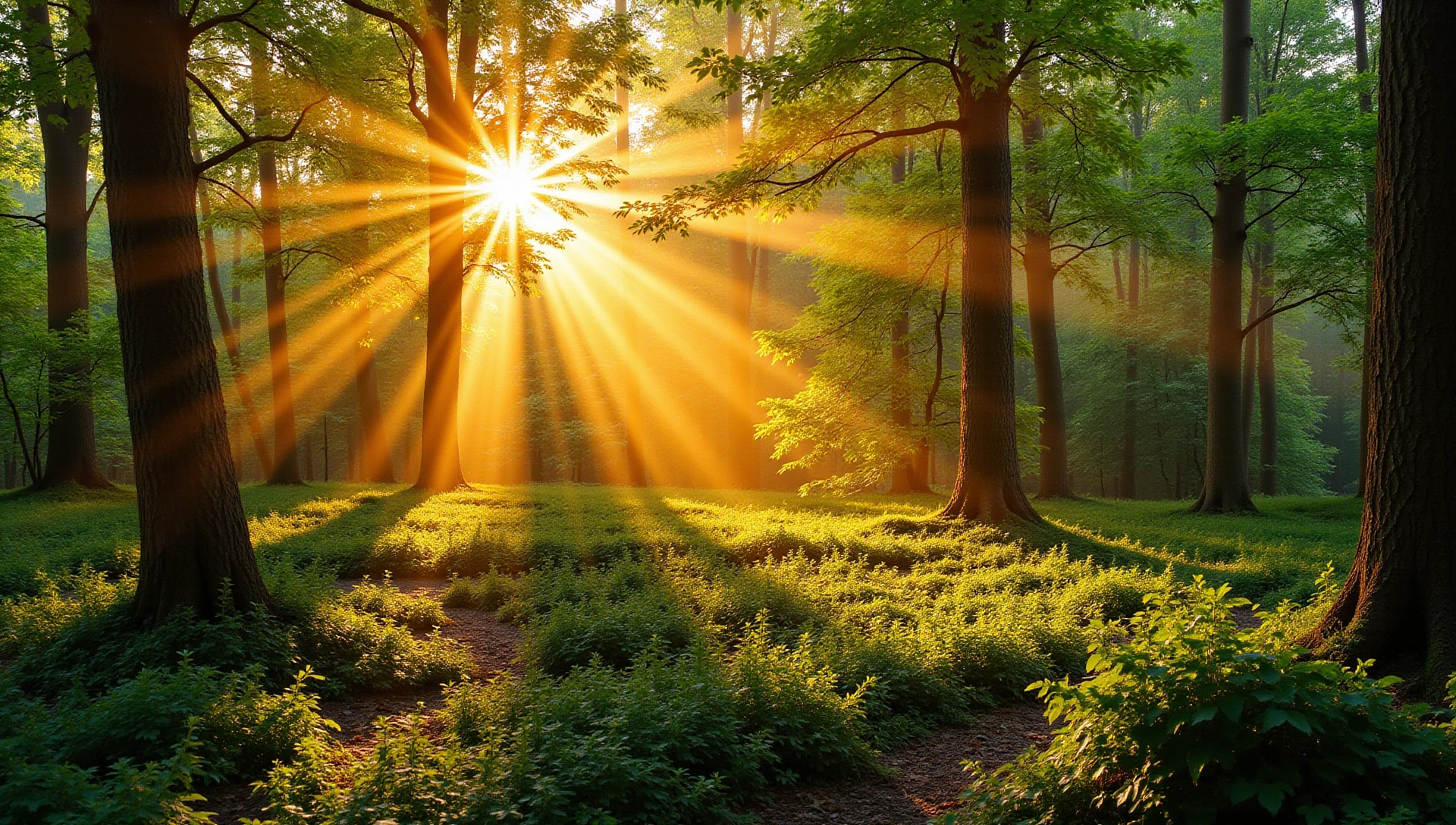 Foresta lussureggiante all'alba con raggi di sole che filtrano tra gli alberi
