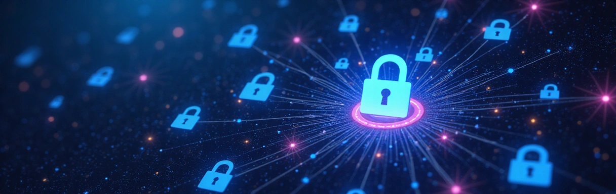 Immagine astratta con lucchetto stilizzato e icone di privacy
