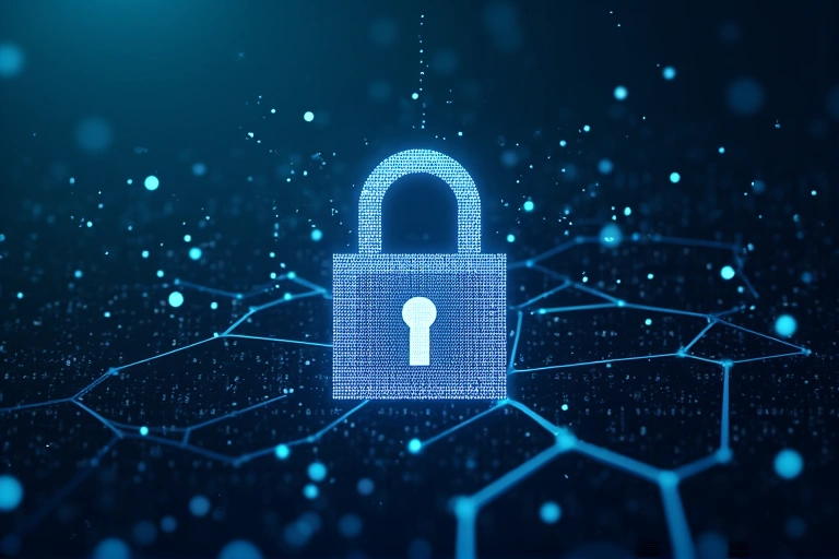 Icona di un lucchetto digitale su uno sfondo di codice binario, che simboleggia la sicurezza informatica.