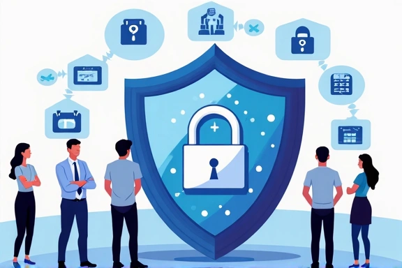 Illustrazione di persone che interagiscono con icone di privacy e sicurezza dei dati