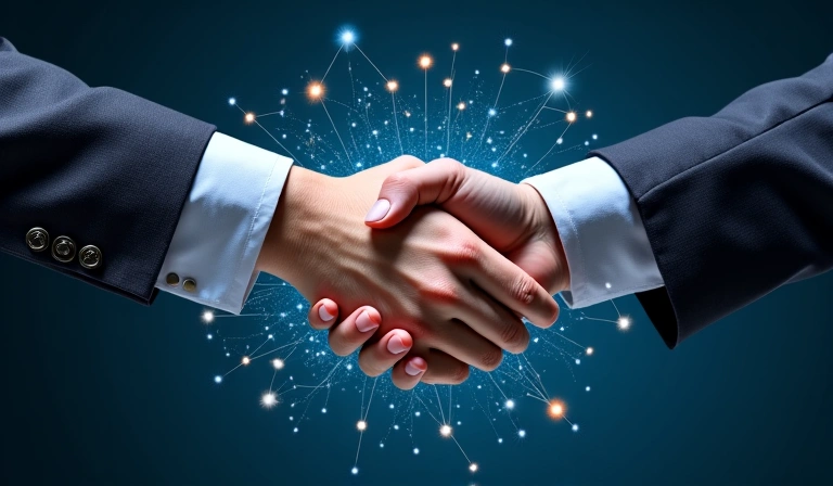 Mani che si stringono a simboleggiare la fiducia e la collaborazione, con dati che fluiscono in modo sicuro.