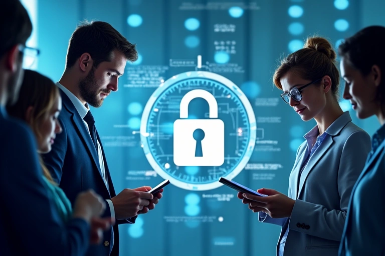 Persone che navigano su un sito web con un lucchetto a simboleggiare la sicurezza dei dati.