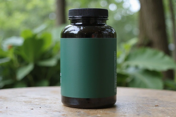 Confezione di integratore verde scuro con etichetta minimalista, su sfondo naturale