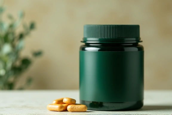 Confezione di integratore verde scuro con etichetta minimalista, su sfondo naturale