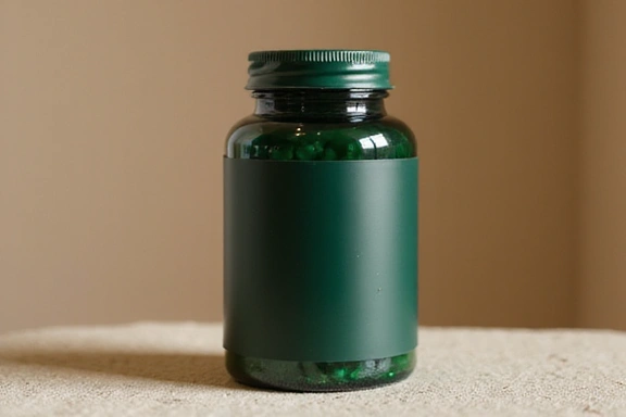 Confezione di integratore verde scuro con etichetta minimalista, su sfondo naturale