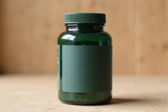 Confezione di integratore verde scuro con etichetta minimalista, su sfondo naturale