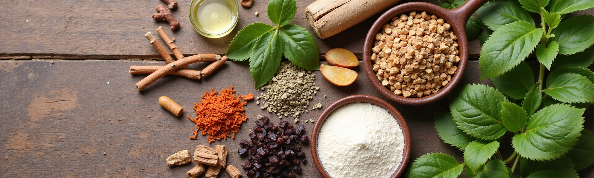 Immagine di erbe medicinali e ingredienti naturali disposti armoniosamente su una superficie di legno